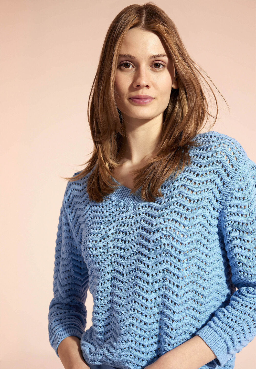 Ajour-Pullover, happy blue, Sommer-Kollektion, blau Frontansicht