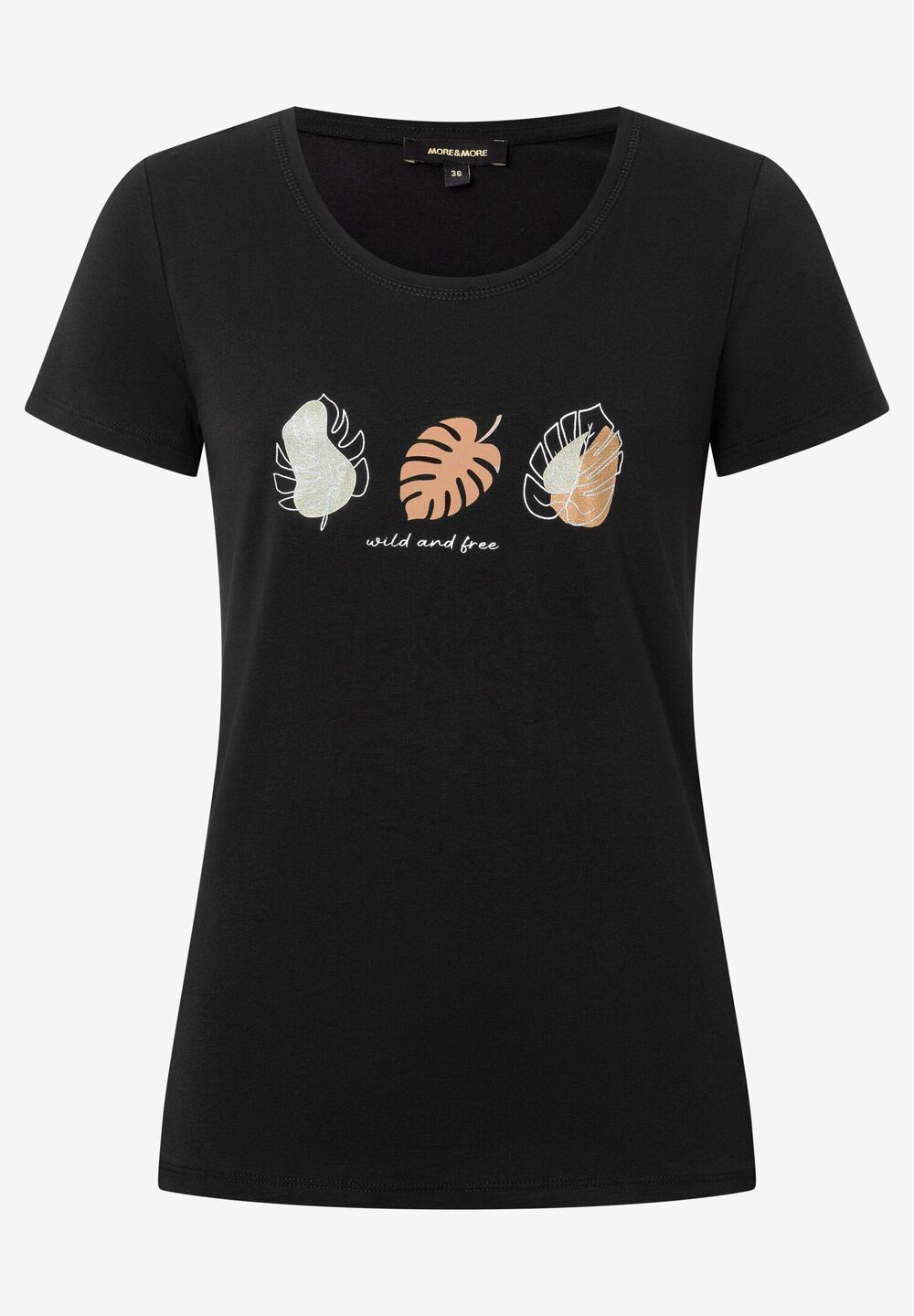 T-Shirt, schwarz, Blätter-Motiv, Sommer-Kollektion, schwarz Frontansicht