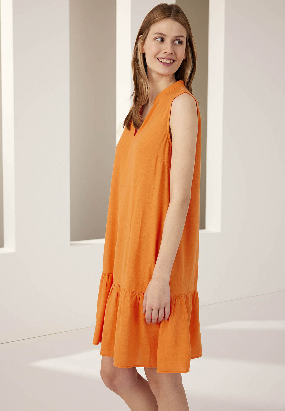 Leinen/Viskose Kleid, fresh orange, Sommer-Kollektion, orange Frontansicht